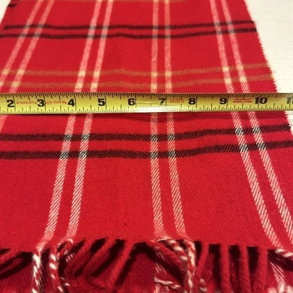 Cejon plaid red white black & tan striped scarf made in Italy with fringe - Picture 3 of 4